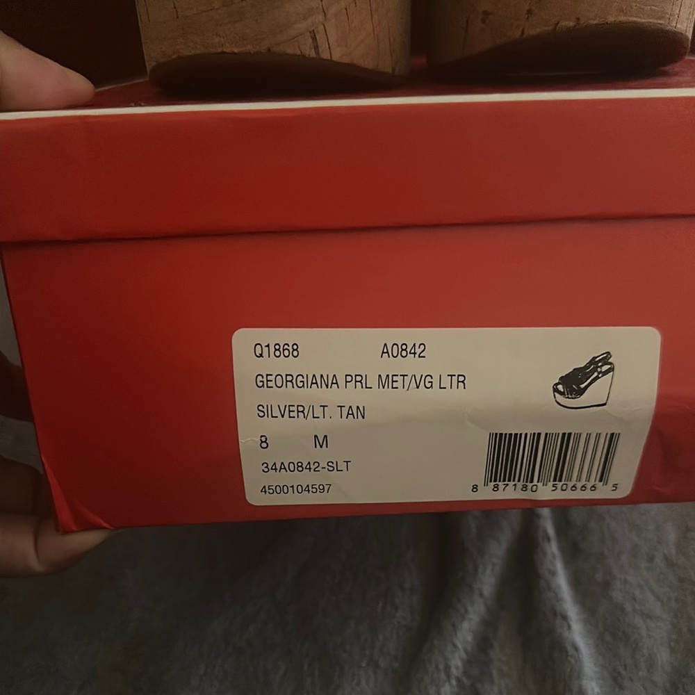 Coach Silver and Tan Wedge Sandals with Adjustable Straps